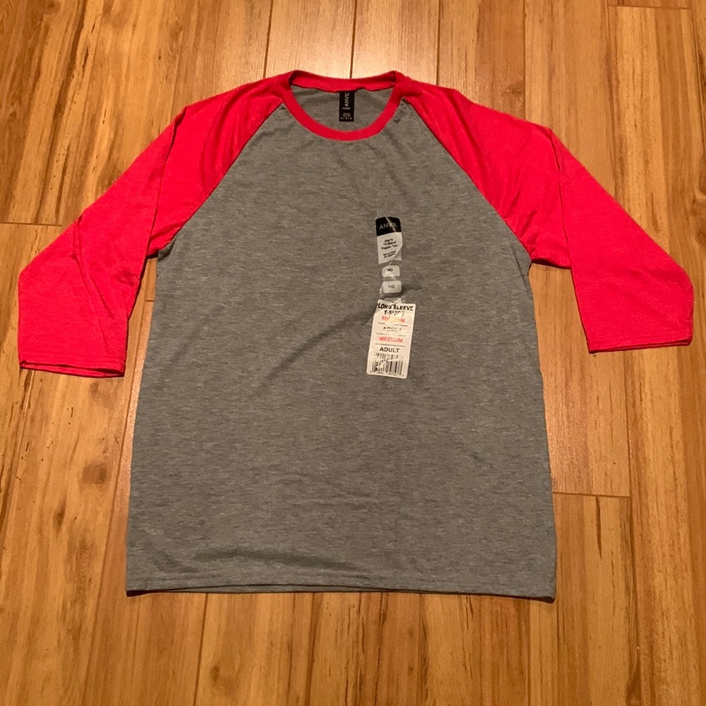Anvil Raglan Tee Shirt Heather Grey Heather Red 3/4 Sleeve M Medium Top New
